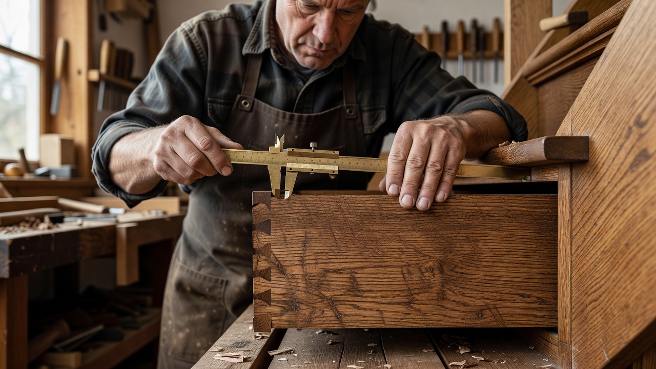 Close-up of a joiner using brass vernier calipers to check the reveal on a dovetailed oak under-stair drawer