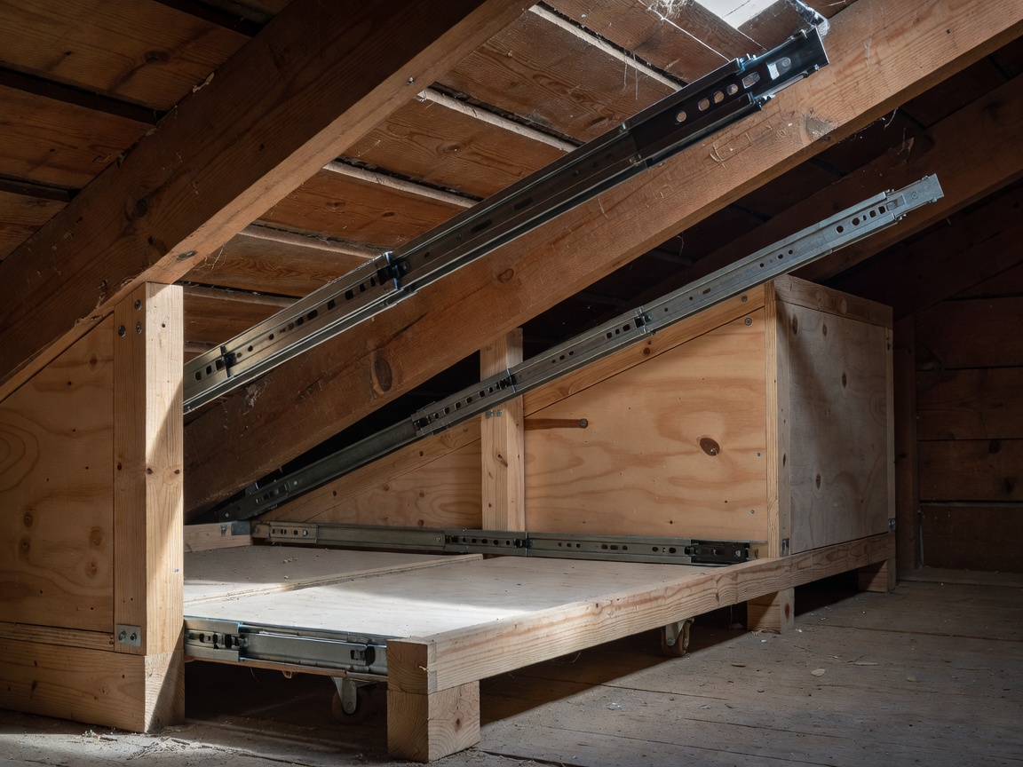 Close-up of low attic knee-wall joinery showing heavy-duty linear drawer slides extending into the triangular eaves cavity