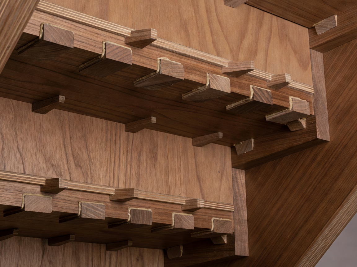 Close-up of traditional housed stair stringer underside showing hardwood glue blocks, tapered wedges, and structural plywood cabinet dividers