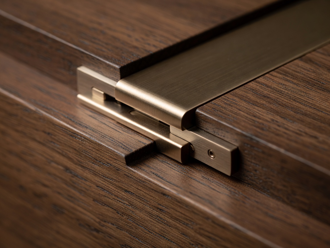 Macro photograph of a stepped rabbet wood jamb and three-way adjustable concealed tectonic hinge in brushed bronze